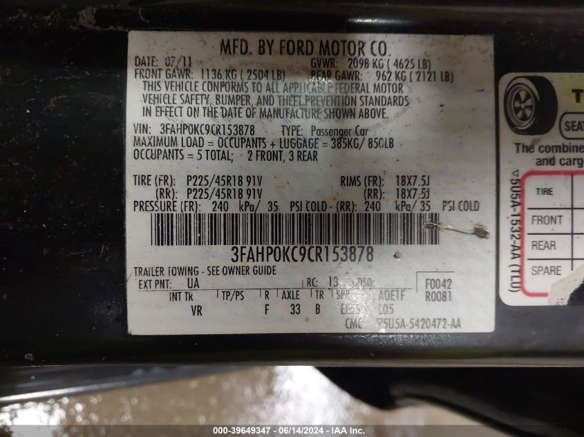 2012 Ford Fusion Sport VIN: 3FAHP0KC9CR153878 Lot: 39649347