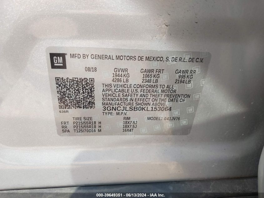 2019 Chevrolet Trax Lt VIN: 3GNCJLSB0KL153064 Lot: 39649351