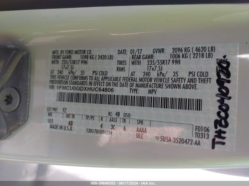 2017 Ford Escape Se VIN: 1FMCU0GDXHUC64806 Lot: 39649352