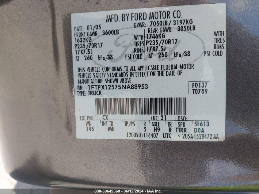 2005 Ford F-150 Lariat/Xl/Xlt VIN: 1FTPX12575NA88953 Lot: 39649360