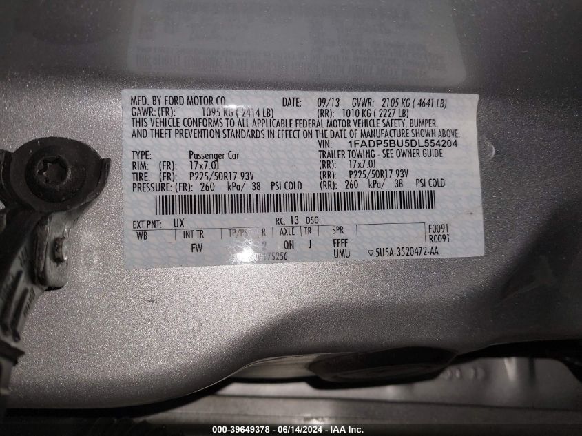 2013 Ford C-Max Hybrid Sel VIN: 1FADP5BU5DL554204 Lot: 39649378