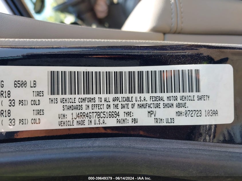 2011 Jeep Grand Cherokee Laredo VIN: 1J4RR4GT7BC516694 Lot: 39649379