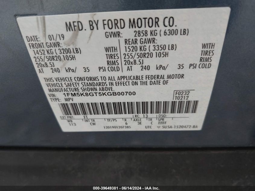 2019 Ford Explorer Sport VIN: 1FM5K8GT5KGB00700 Lot: 39649381