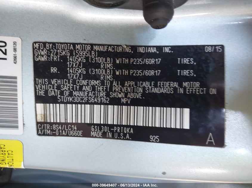 2015 Toyota Sienna Xle 8 Passenger VIN: 5TDYK3DC2FS649162 Lot: 39649407