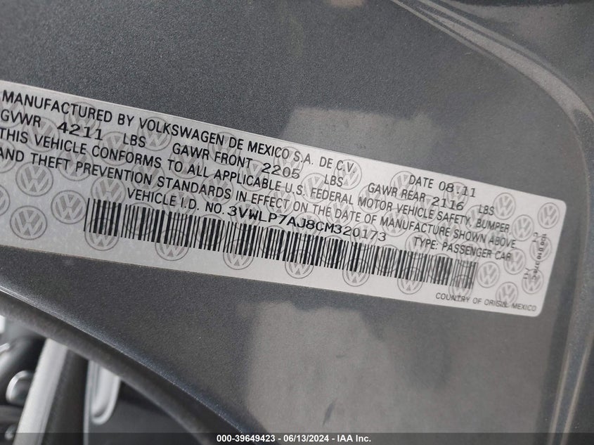 2012 Volkswagen Jetta 2.5L Sel VIN: 3VWLP7AJ8CM320173 Lot: 39649423