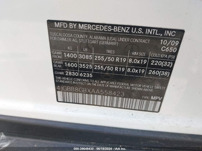 2010 Mercedes-Benz Ml 350 4Matic VIN: 4JGBB8GBXAA558423 Lot: 39649430