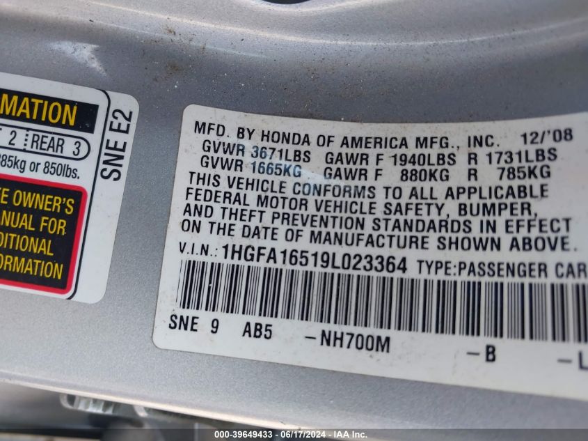 2009 Honda Civic Lx VIN: 1HGFA16519L023364 Lot: 39649433