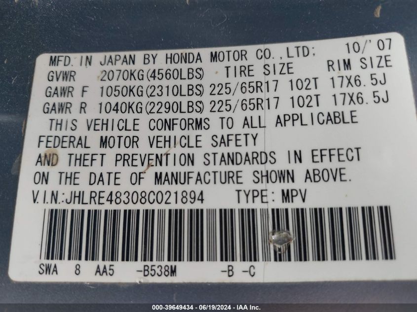 2008 Honda Cr-V Lx VIN: JHLRE48308C021894 Lot: 39649434