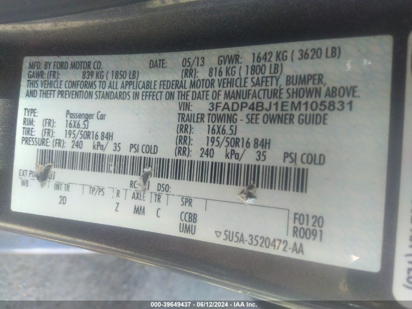 2014 Ford Fiesta Se VIN: 3FADP4BJ1EM105831 Lot: 39649437