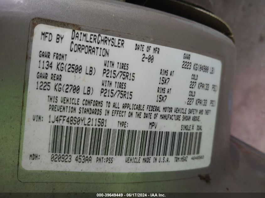 2000 Jeep Cherokee Sport VIN: 1J4FF48S0YL211581 Lot: 39649449