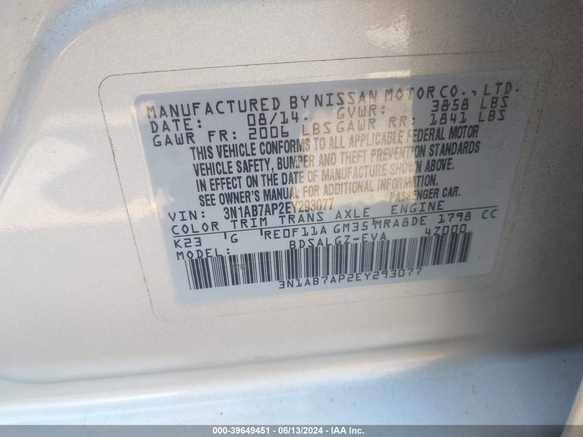 2014 Nissan Sentra Sl VIN: 3N1AB7AP2EY293077 Lot: 39649451