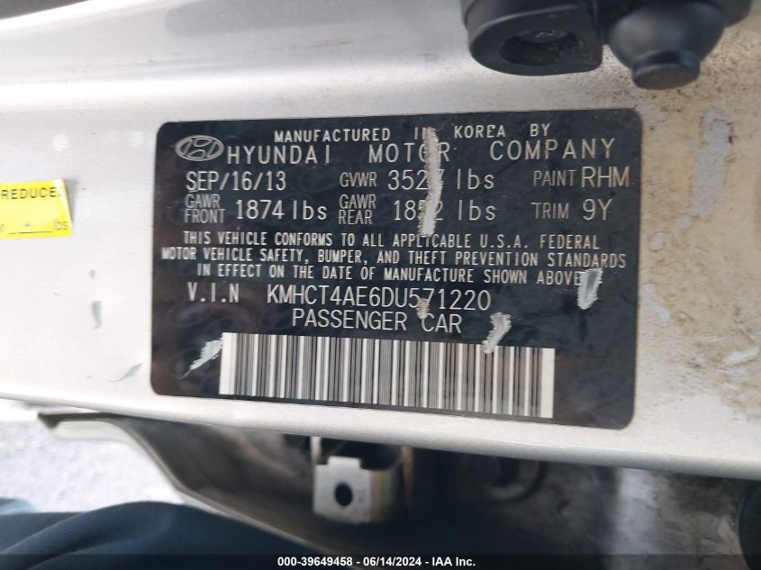 2013 Hyundai Accent Gls VIN: KMHCT4AE6DU571220 Lot: 39649458