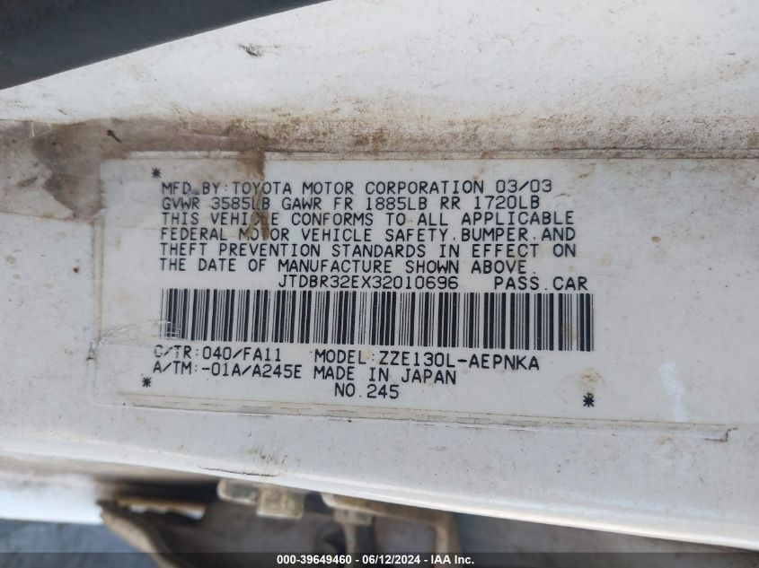 2003 Toyota Corolla Le VIN: JTDBR32EX32010696 Lot: 39649460