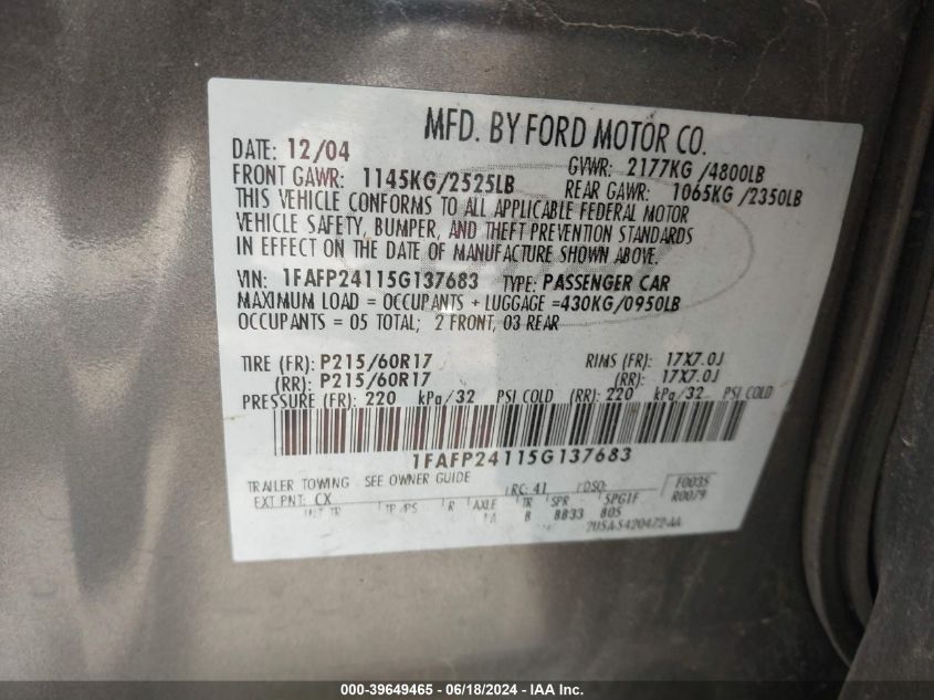 2005 Ford Five Hundred Sel VIN: 1FAFP24115G137683 Lot: 39649465