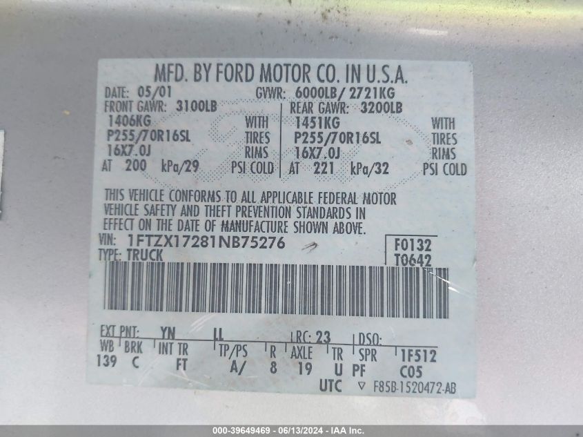 2001 Ford F-150 Xl/Xlt VIN: 1FTZX17281NB75276 Lot: 39649469