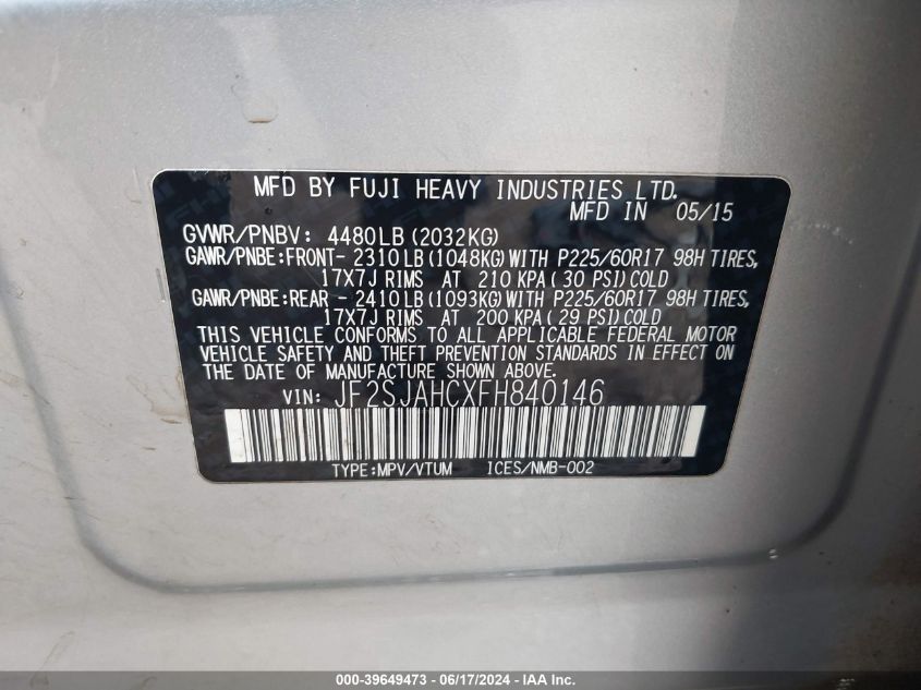 2015 Subaru Forester 2.5I Limited VIN: JF2SJAHCXFH840146 Lot: 39649473