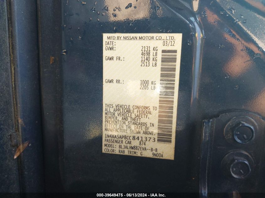 2012 Nissan Maxima 3.5 Sv VIN: 1N4AA5AP8CC841373 Lot: 39649475