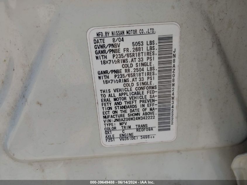 2004 Nissan Murano Sl VIN: JN8AZ08W24W342222 Lot: 39649488