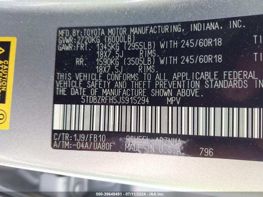 2018 Toyota Highlander Le VIN: 5TDBZRFH5JS915294 Lot: 39649491