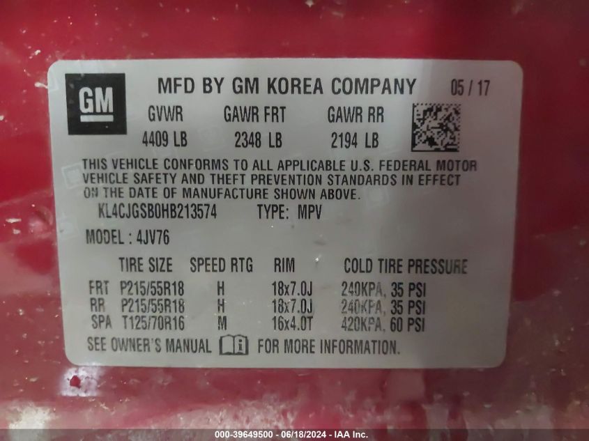 2017 Buick Encore Essence VIN: KL4CJGSB0HB213574 Lot: 39649500