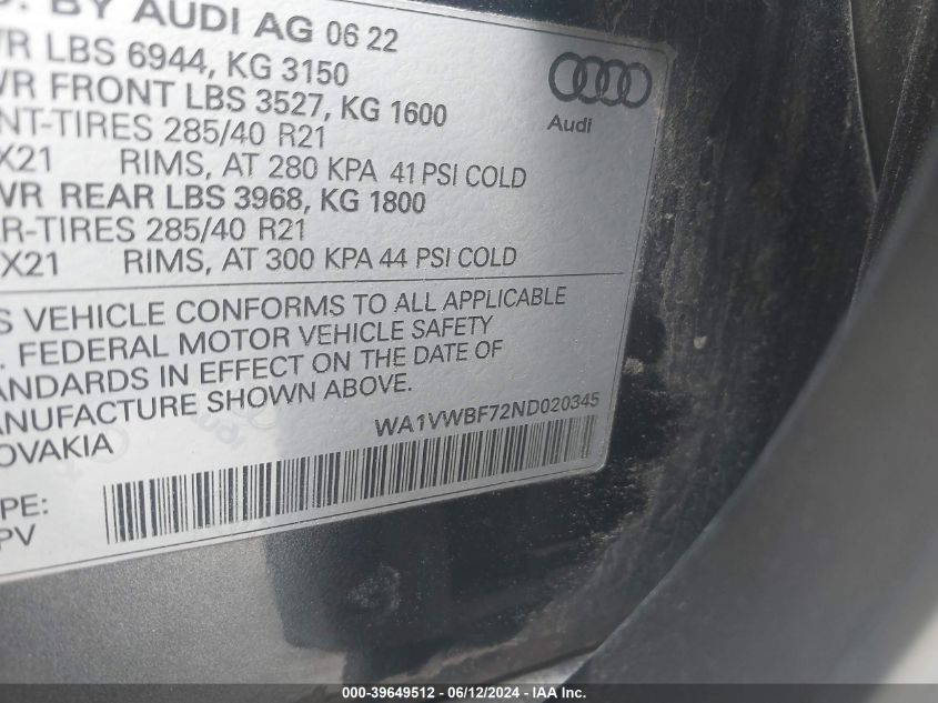 WA1VWBF72ND020345 2022 Audi Sq7 Prestige Tfsi Quattro Tiptronic