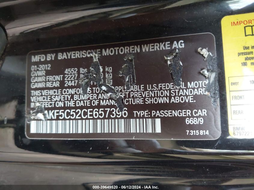 2012 BMW 328I xDrive VIN: WBAKF5C52CE657396 Lot: 39649520