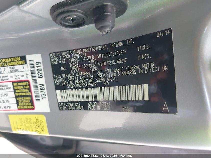 2014 Toyota Sienna Le V6 8 Passenger VIN: 5TDKK3DC0ES485639 Lot: 39649523