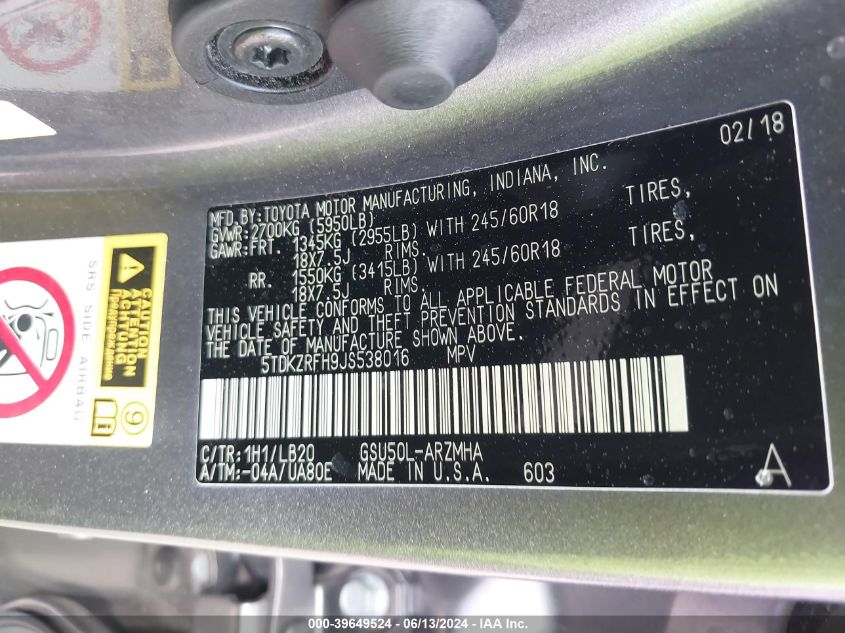 2018 Toyota Highlander Xle VIN: 5TDKZRFH9JS538016 Lot: 39649524