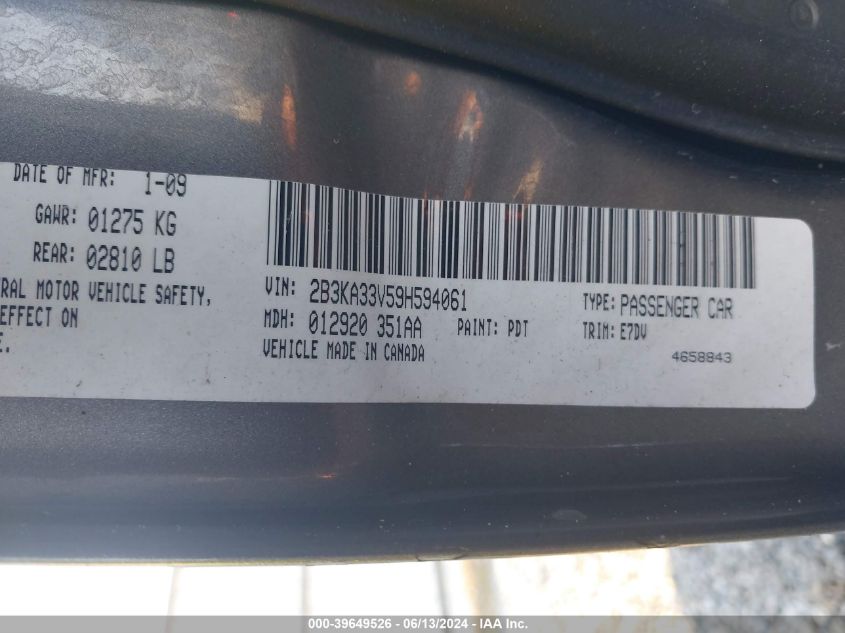 2009 Dodge Charger Sxt VIN: 2B3KA33V59H594061 Lot: 39649526