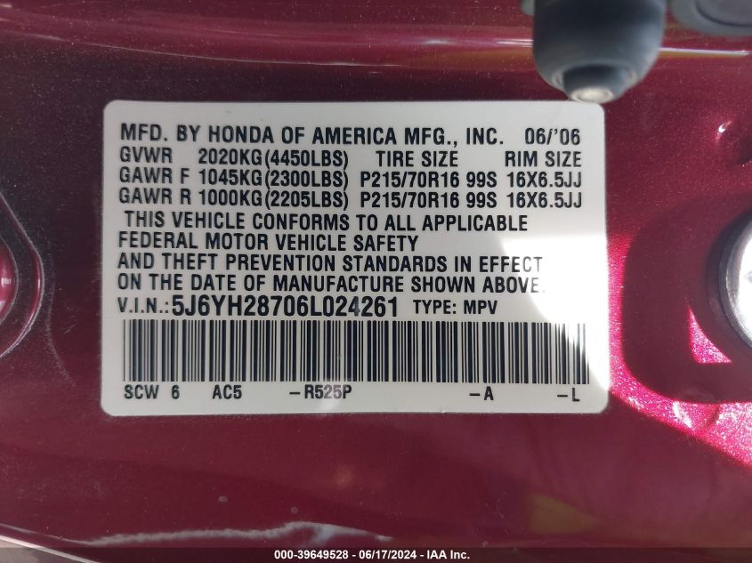 2006 Honda Element Ex-P VIN: 5J6YH28706L024261 Lot: 39649528