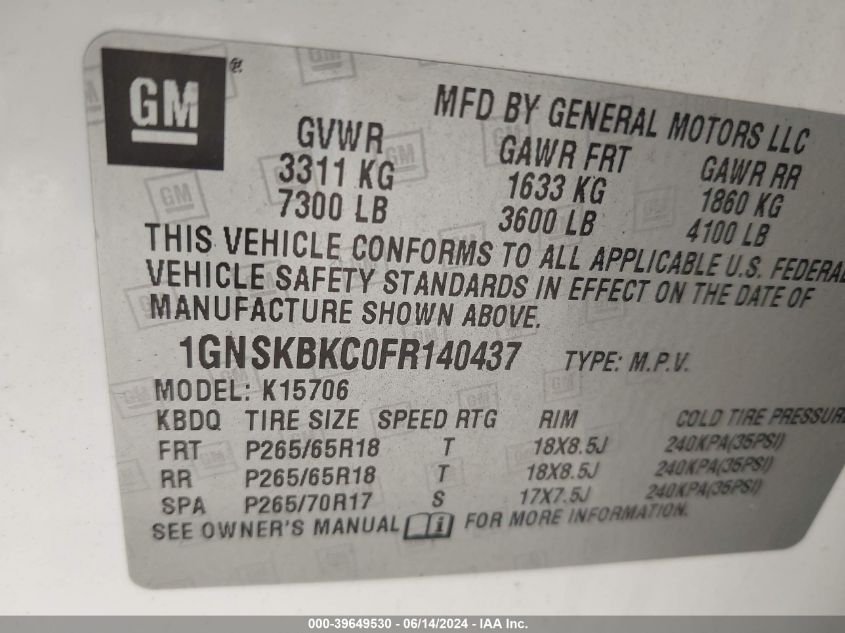 2015 Chevrolet Tahoe Lt VIN: 1GNSKBKC0FR140437 Lot: 39649530