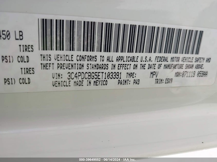 2014 Dodge Journey Sxt VIN: 3C4PDCBG5ET103391 Lot: 39649552