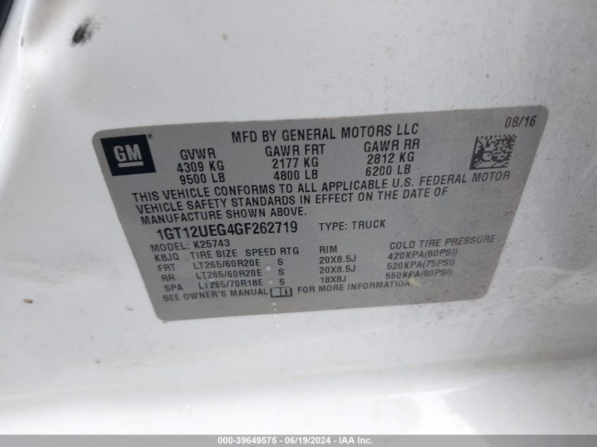 2016 GMC Sierra 2500Hd K2500 Denali VIN: 1GT12UEG4GF262719 Lot: 39649575