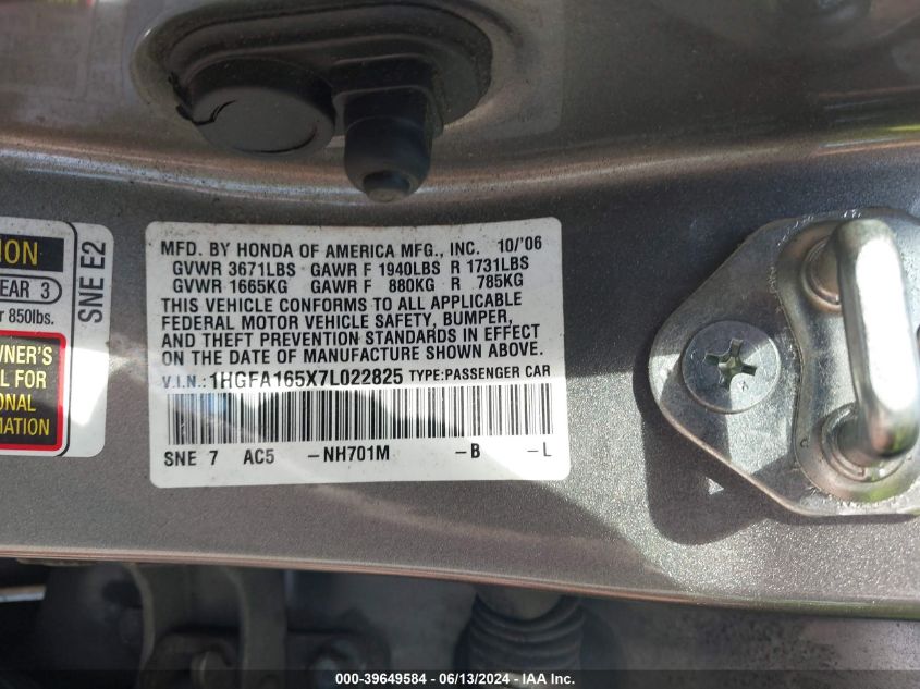 2007 Honda Civic Lx VIN: 1HGFA165X7L022825 Lot: 39649584