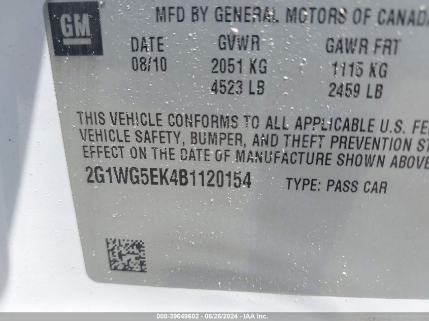 2011 Chevrolet Impala Lt VIN: 2G1WG5EK4B1120154 Lot: 39649602