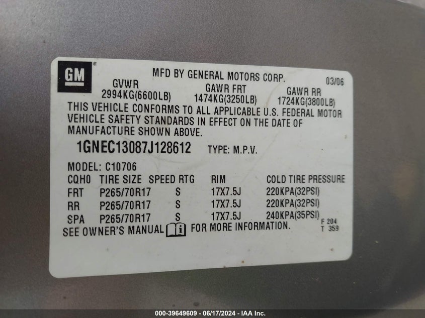 2007 Chevrolet Tahoe C1500 VIN: 128612 Lot: 39649609