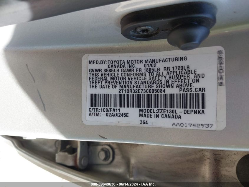 2003 Toyota Corolla Le VIN: 2T1BR32E73C005084 Lot: 39649630