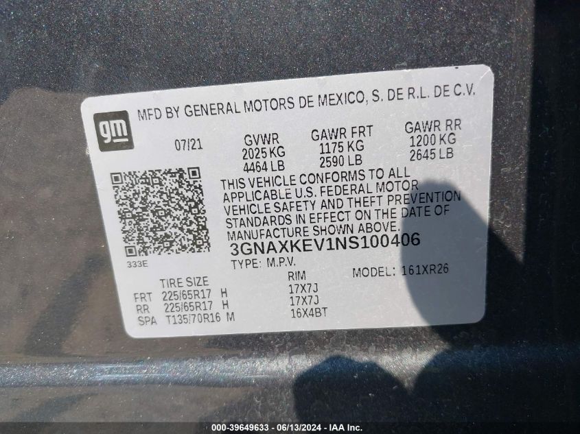 2022 Chevrolet Equinox Lt VIN: 3GNAXKEV1NS100406 Lot: 39649633