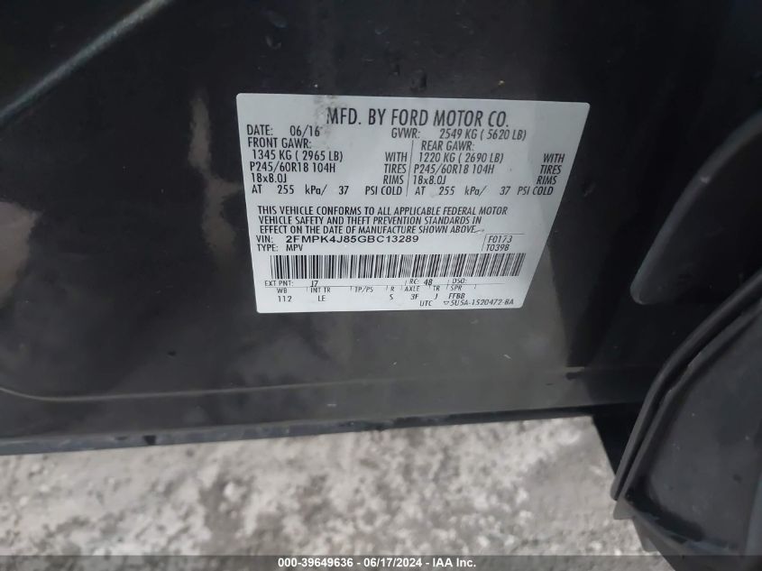 2016 Ford Edge Sel VIN: 2FMPK4J85GBC13289 Lot: 39649636