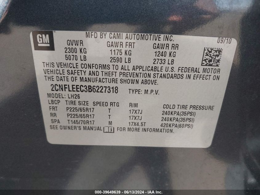 2011 Chevrolet Equinox 1Lt VIN: 2CNFLEEC3B6227318 Lot: 39649639