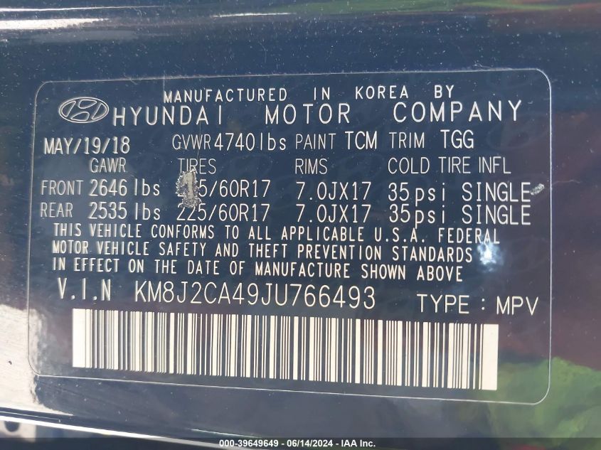 2018 Hyundai Tucson Se VIN: KM8J2CA49JU766493 Lot: 39649649