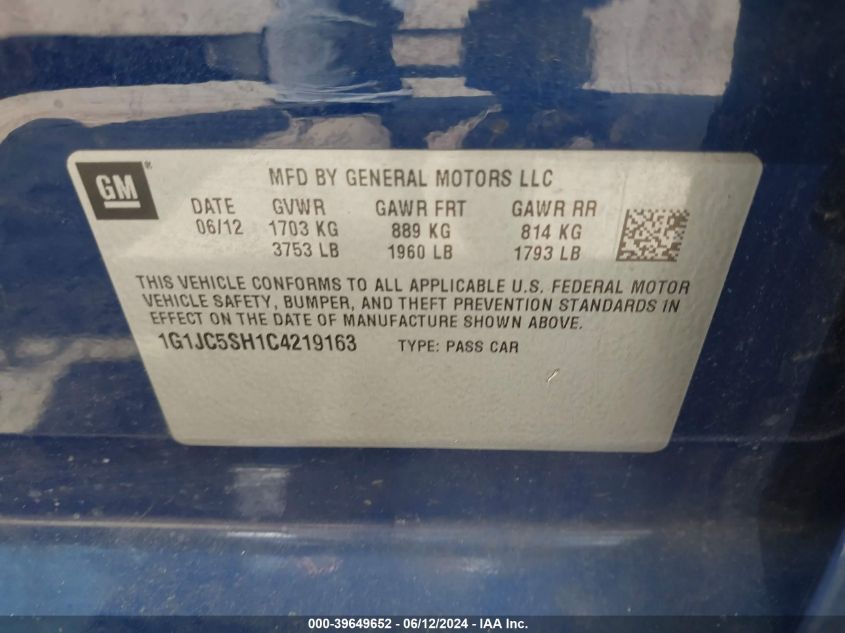 2012 Chevrolet Sonic 2Lt VIN: 1G1JC5SH1C4219163 Lot: 39649652