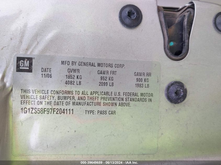 2007 Chevrolet Malibu Ls VIN: 1G1ZS58F97F204111 Lot: 39649659