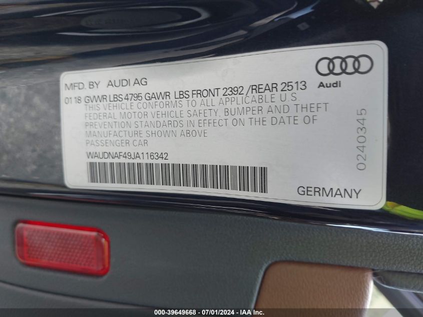 2018 Audi A4 2.0T Premium/2.0T Tech Premium VIN: WAUDNAF49JA116342 Lot: 39649668