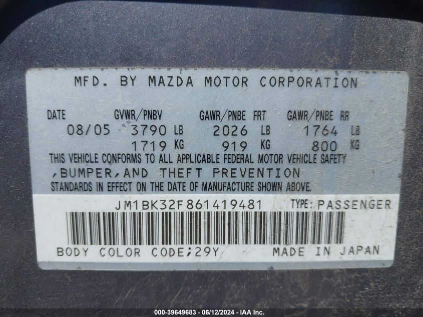2006 Mazda Mazda3 I VIN: JM1BK32F861419481 Lot: 39649683