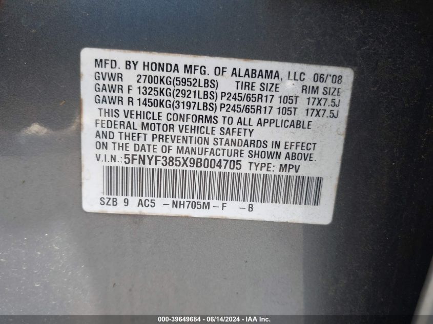 2009 Honda Pilot Ex-L VIN: 5FNYF385X9B004705 Lot: 39649684