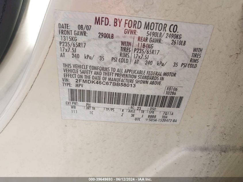 2007 Ford Edge Se VIN: 2FMDK46C67BB58013 Lot: 39649693