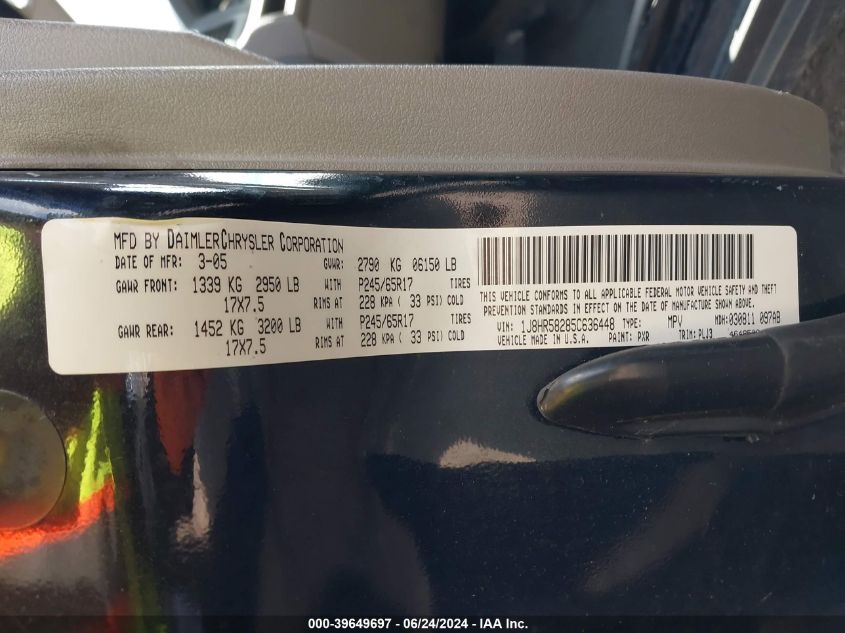 2005 Jeep Grand Cherokee Limited VIN: 1J8HR58285C636448 Lot: 39649697