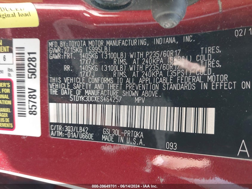 2014 Toyota Sienna Xle V6 8 Passenger VIN: 5TDYK3DCXES464257 Lot: 39649701