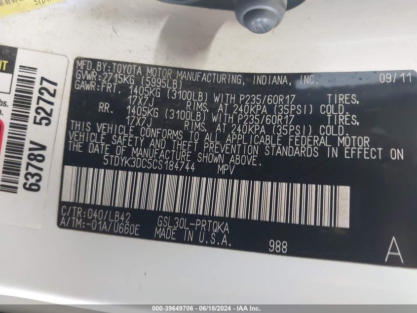 2012 Toyota Sienna Xle V6 8 Passenger VIN: 5TDYK3DC5CS184744 Lot: 39649706